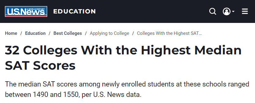 U. S.News全美SAT录取均分大学排名